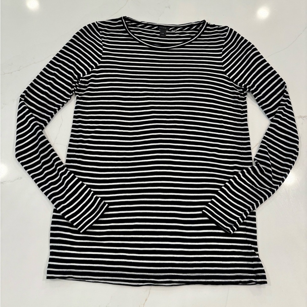 J Crew Black and White Striped Long Sleeve Crew Neck Top